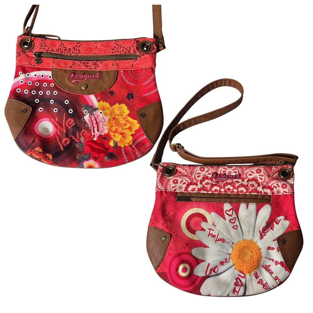 Desigual Red Brown Yellow Floral True Love BOHO Vintage Crossbody Bag Purse